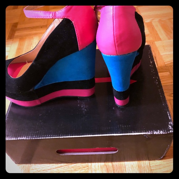 Suede black, blue and pink Alba high wedges - Picture 1 of 3